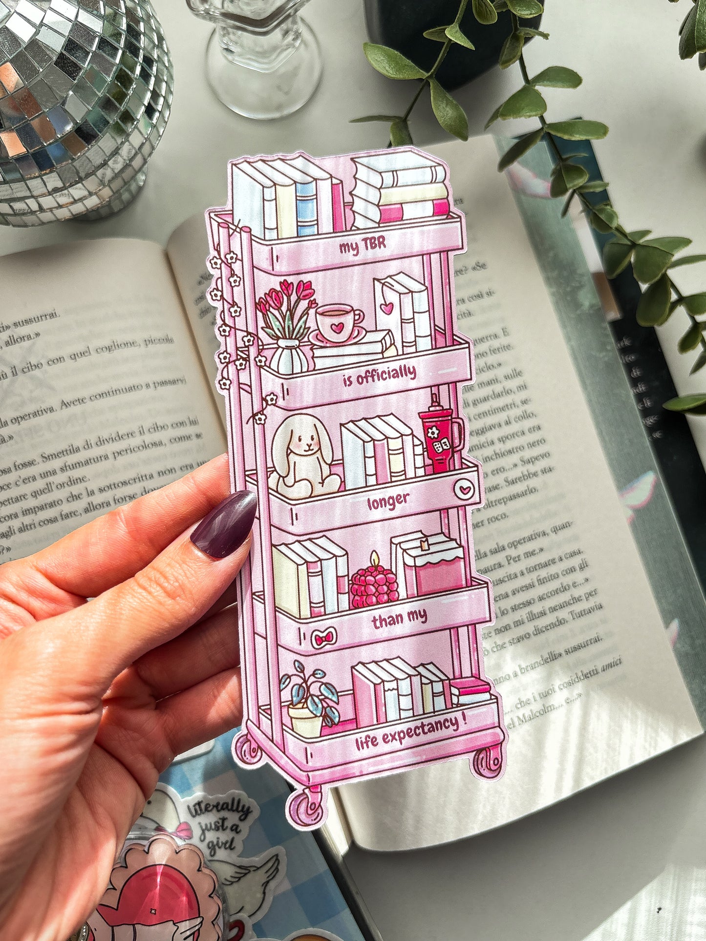 Coquette TBR Cart die-cut bookmark